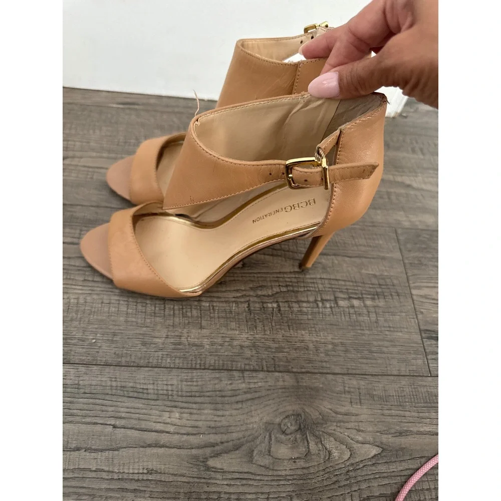 BCBGeneration Ruize Tan Leather Ankle Wrap Stiletto Heels Sandals 9.5B